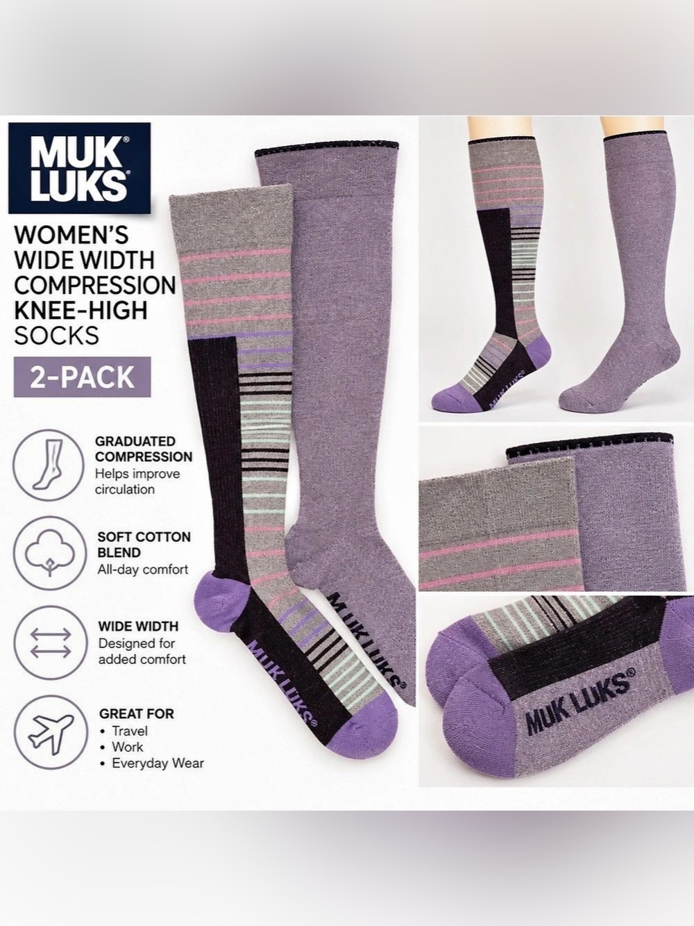 NWT MUK LUKS Women's Wide Width Compression Knee-High Socks 2-Pack